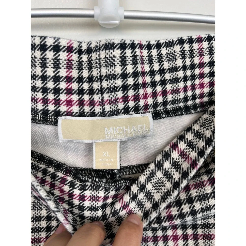 Michael Kors Womens XL Plaid Pull On Pants Pink Black White Gold Hardware Slim